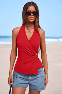 PRETTYGARDEN Womens Halter Top Spring Tie Wrap Sleeveless Ruched V Neck Fitted Summer Tops Backless Fashion Y2k Clothes PRETTYGARDEN