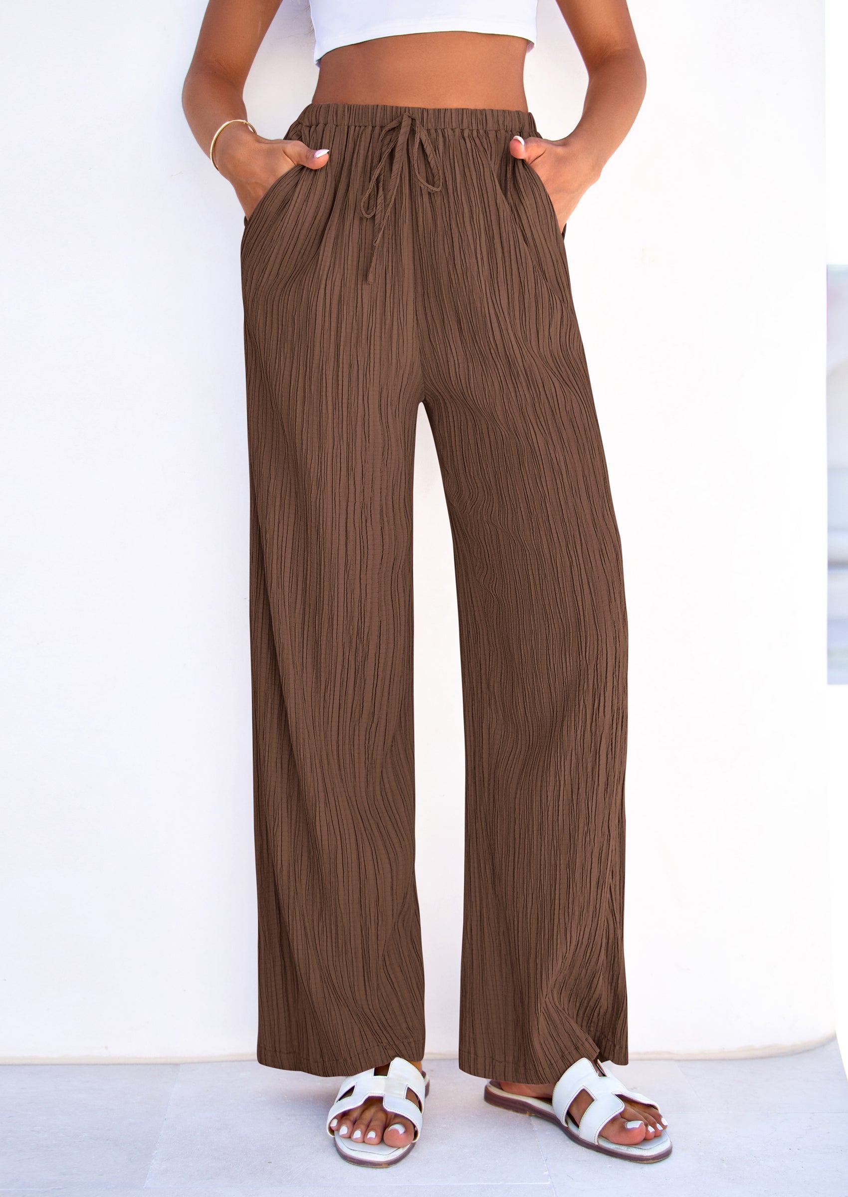 PRETTYGARDEN Womens Palazzo Pants Summer Fashion High Waisted Wide Leg Drawstring Flowy Beach Trousers with Pockets PRETTYGARDEN