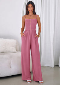 PRETTYGARDEN Jumpsuits for Women Summer Sleeveless Smocked Button Wide Leg Rompers Spring Travel One Piece Outfits PRETTYGARDEN