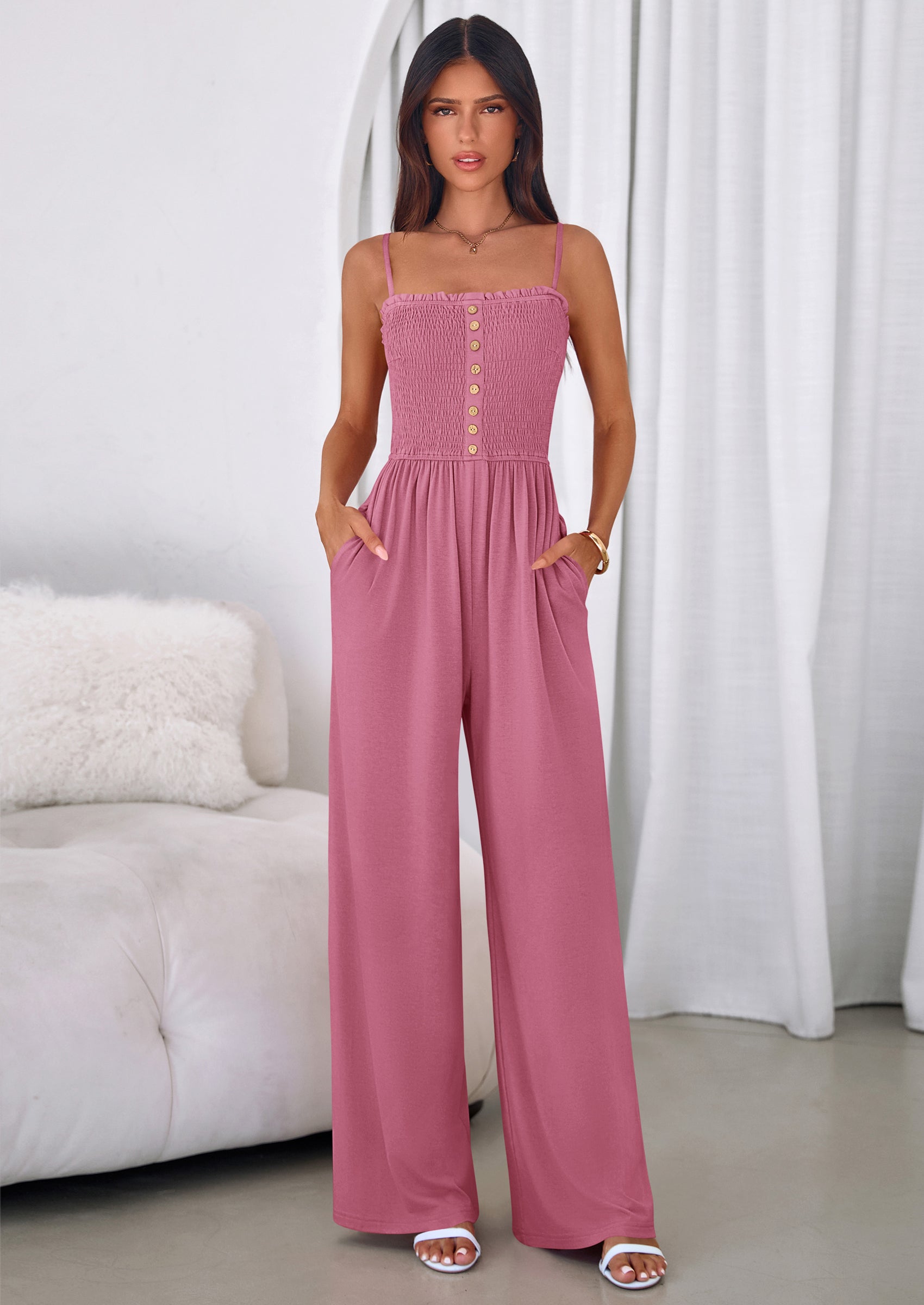 PRETTYGARDEN Jumpsuits for Women Summer Sleeveless Smocked Button Wide Leg Rompers Spring Travel One Piece Outfits PRETTYGARDEN