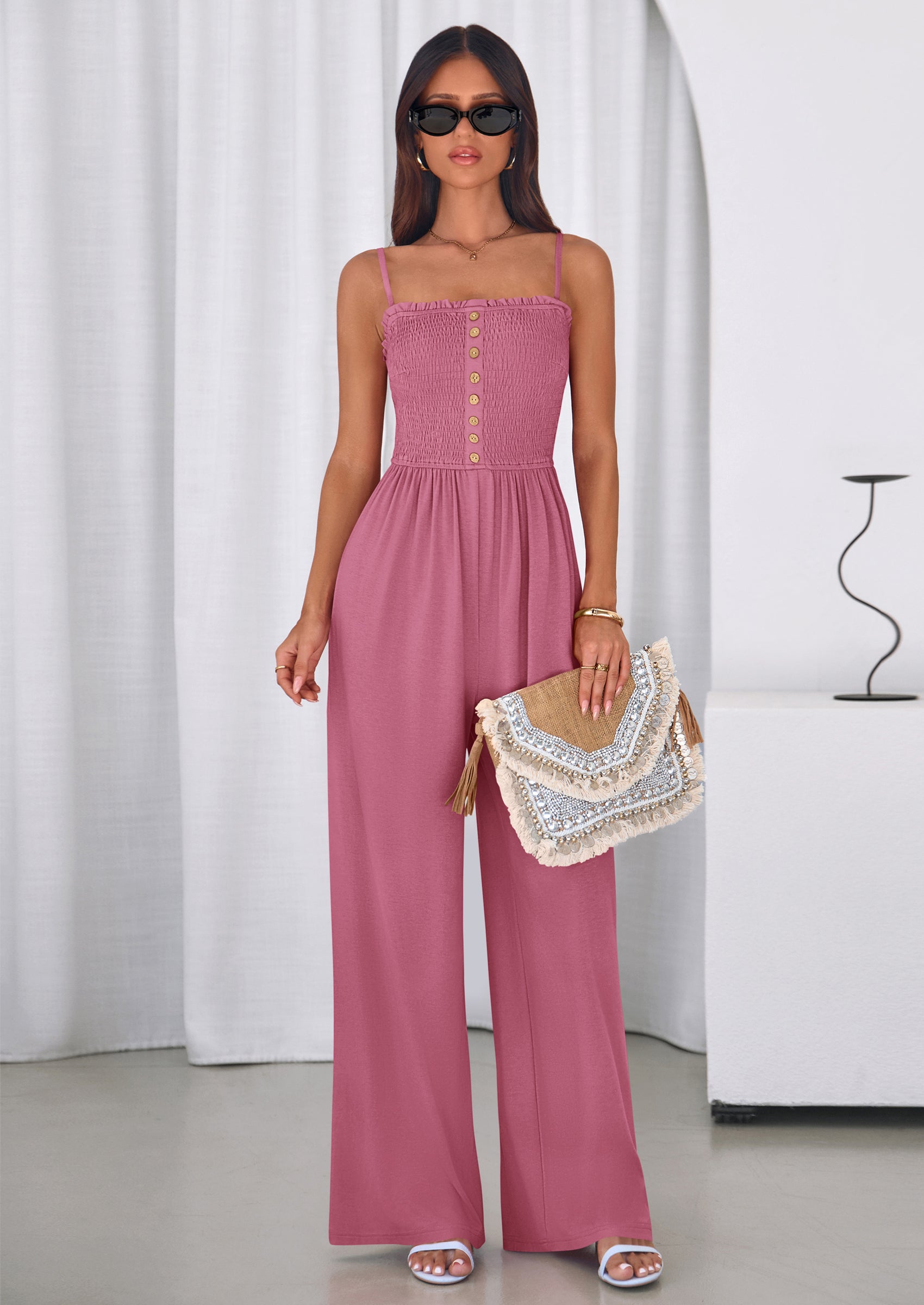 PRETTYGARDEN Jumpsuits for Women Summer Sleeveless Smocked Button Wide Leg Rompers Spring Travel One Piece Outfits PRETTYGARDEN