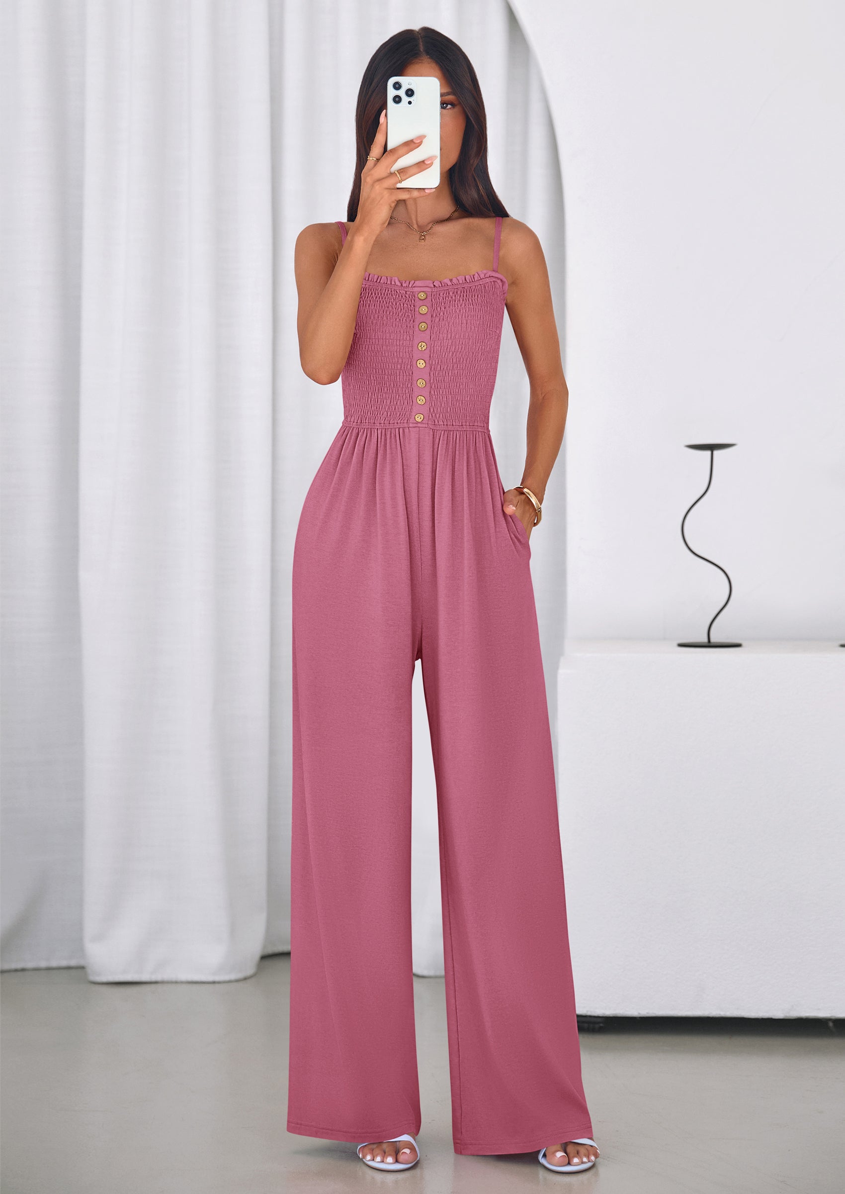 PRETTYGARDEN Jumpsuits for Women Summer Sleeveless Smocked Button Wide Leg Rompers Spring Travel One Piece Outfits PRETTYGARDEN