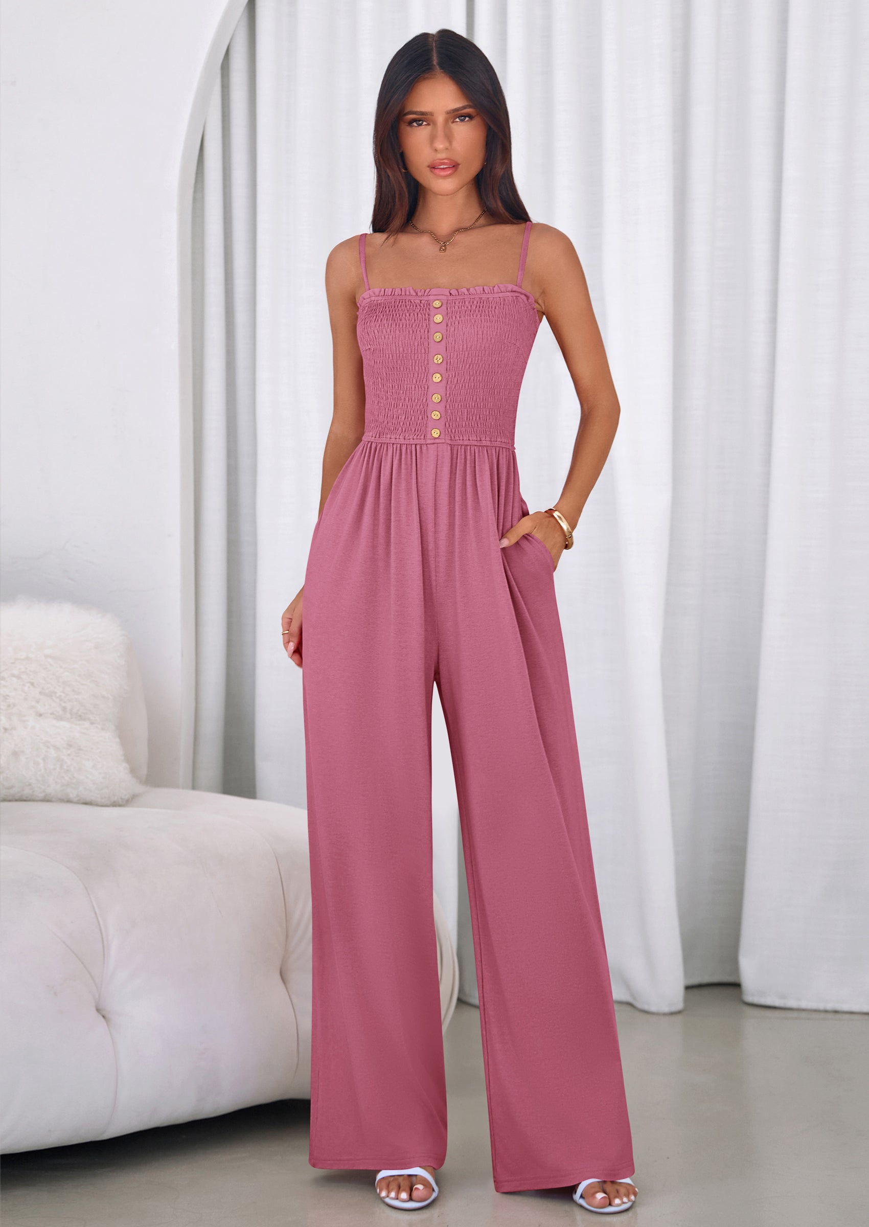 PRETTYGARDEN Jumpsuits for Women Summer Sleeveless Smocked Button Wide Leg Rompers Spring Travel One Piece Outfits PRETTYGARDEN