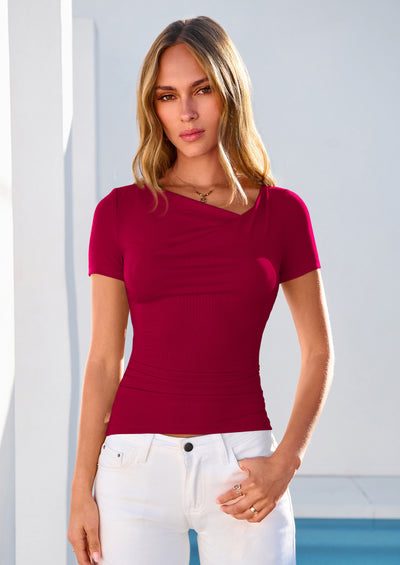 PRETTYGARDEN Women's Summer Asymmetrical Y2K Tops Trendy Ribbed Short Sleeve Fitted Tee Shirts Spring Fashion Clothing