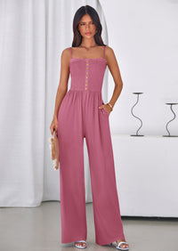 PRETTYGARDEN Jumpsuits for Women Summer Sleeveless Smocked Button Wide Leg Rompers Spring Travel One Piece Outfits PRETTYGARDEN