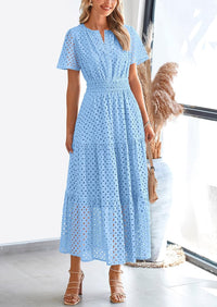 Womens 2025 Summer Maxi Dress Short Sleeve V Neck Hollow Out Eyelet A Line Long Flowy Beach Vacation Dresses