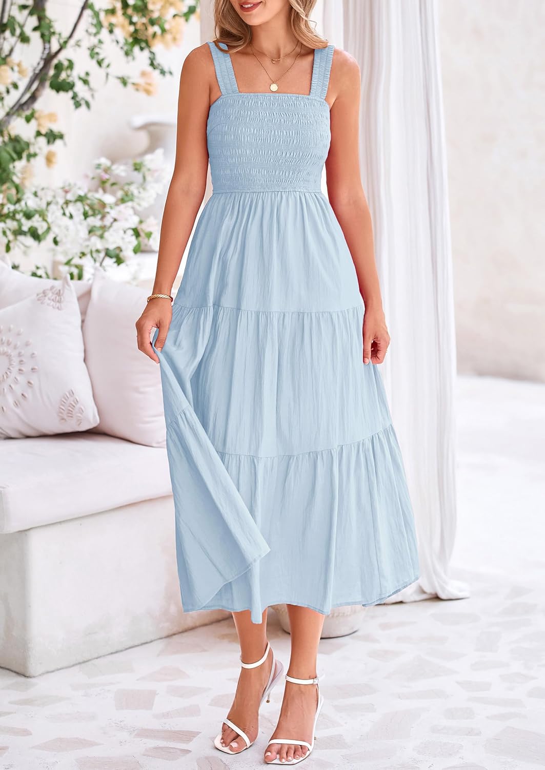 Womens Smocked Summer  Ruffle A Line Long Flowy Dresses Cute Sleeveless Beach Sundress Midi Dress