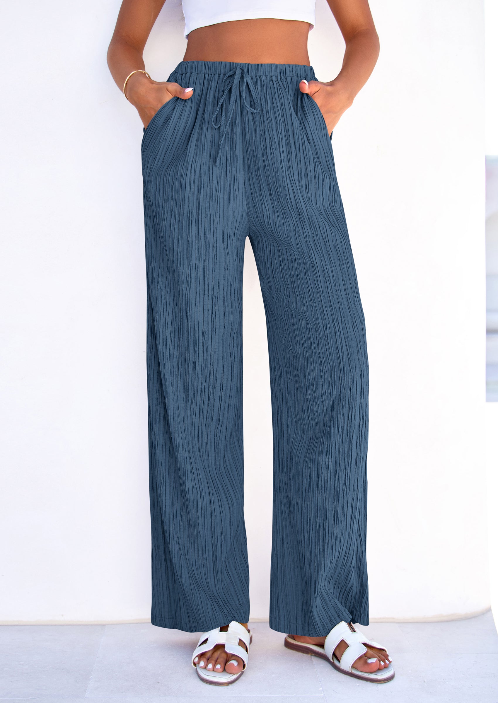 PRETTYGARDEN Womens Palazzo Pants Summer Fashion High Waisted Wide Leg Drawstring Flowy Beach Trousers with Pockets PRETTYGARDEN