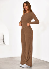 PRETTYGARDEN Casual Two Piece Sets for Women Fall Outfits Asymmetrical Off Shoulder Tops Wide Leg Pants Knit Lounge Set