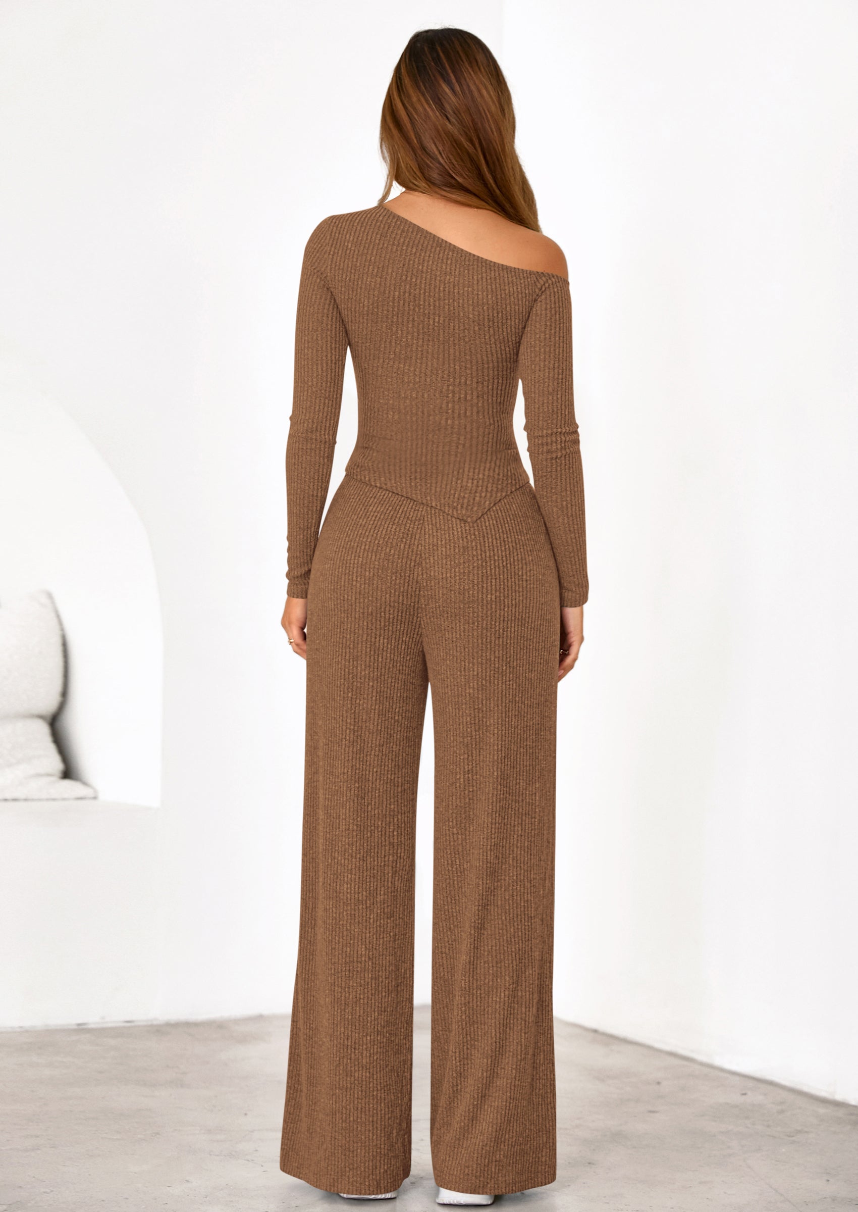 PRETTYGARDEN Casual Two Piece Sets for Women Fall Outfits Asymmetrical Off Shoulder Tops Wide Leg Pants Knit Lounge Set