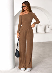 PRETTYGARDEN Casual Two Piece Sets for Women Fall Outfits Asymmetrical Off Shoulder Tops Wide Leg Pants Knit Lounge Set