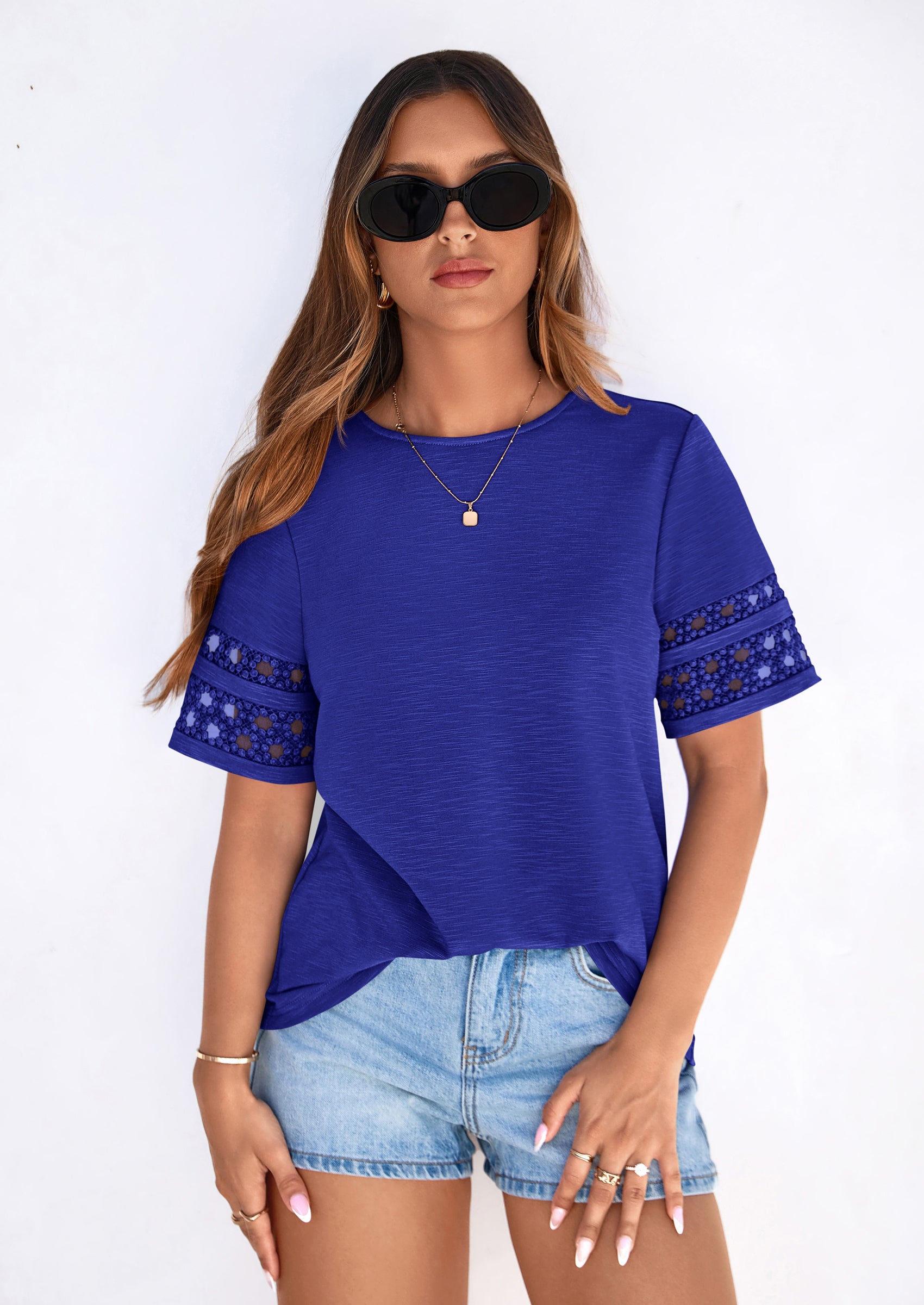 PRETTYGARDEN Summer Tops for Women Lace Short Sleeve T-Shirts Casual Blouses Spring Fashion Clothes Vacation Outfits PRETTYGARDEN