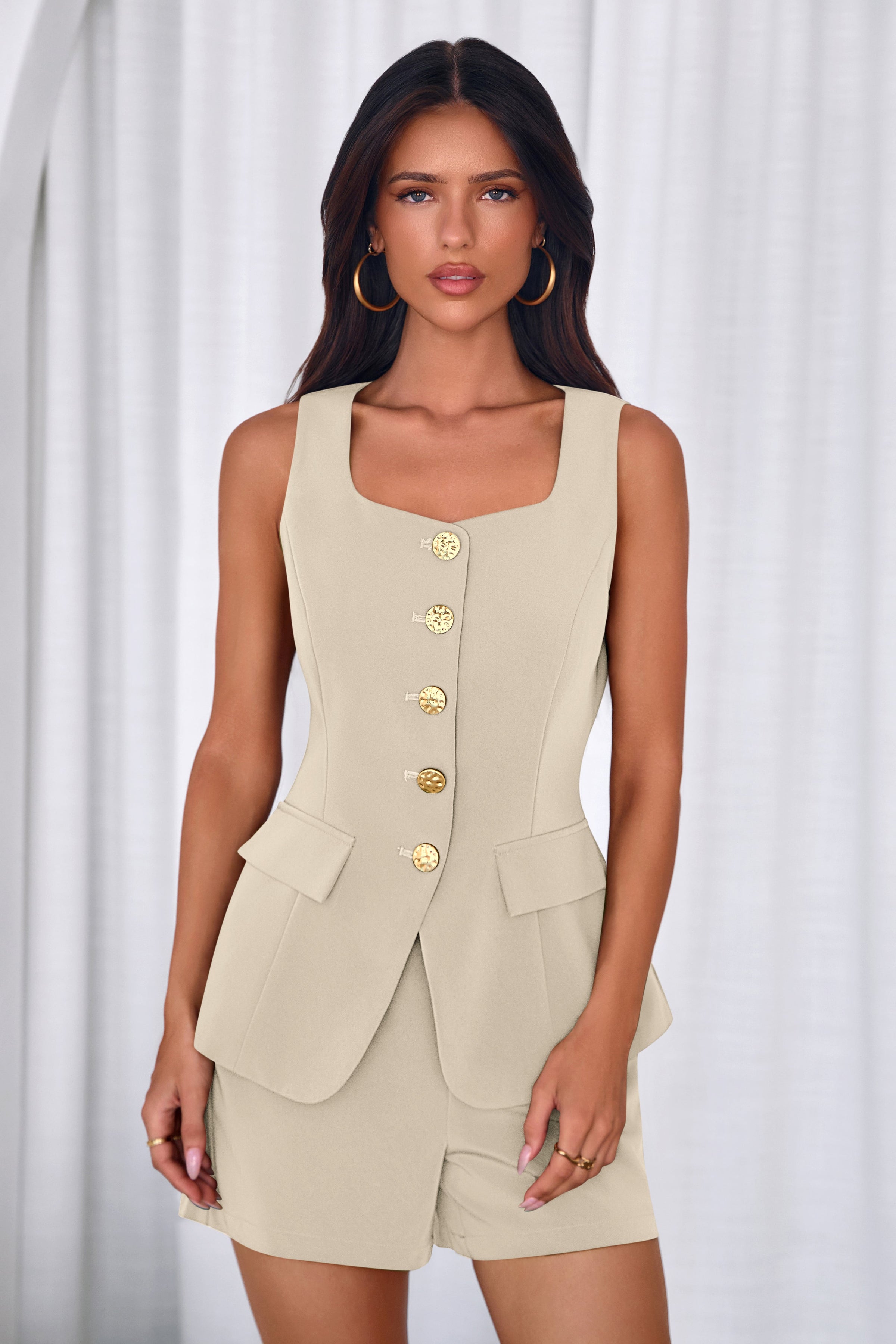 PRETTYGARDEN Womens 2 Piece Matching Sets Fashion Button Down Suit Vest Tops Shorts Set Spring Business Casual Outfits PRETTYGARDEN