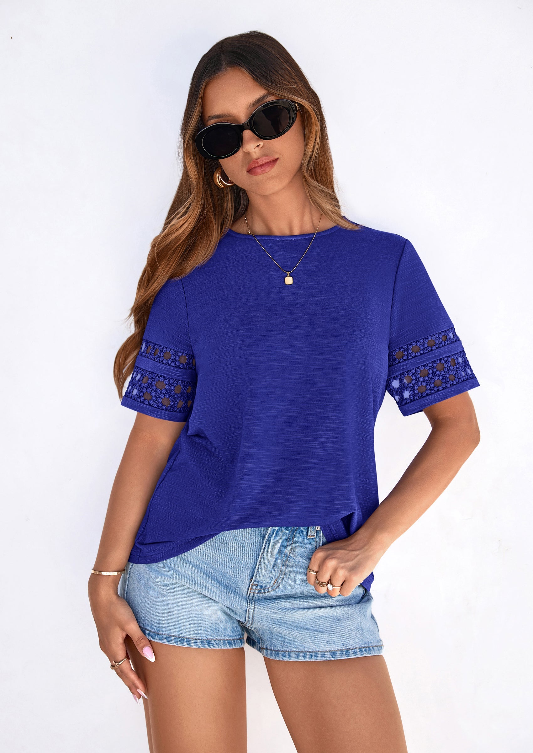 PRETTYGARDEN Summer Tops for Women Lace Short Sleeve T-Shirts Casual Blouses Spring Fashion Clothes Vacation Outfits PRETTYGARDEN