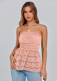 PRETTYGARDEN Tube Tops for Women Summer Strapless Off Shoulder Eyelet Smocked Peplum Trendy Going Out Boho Top