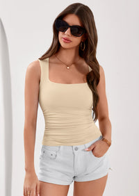 PRETTYGARDEN Tank Top for Women Summer Sleeveless Square Neck Double Lined Ruched Crop Tops Spring Going Out Y2k Clothes PRETTYGARDEN