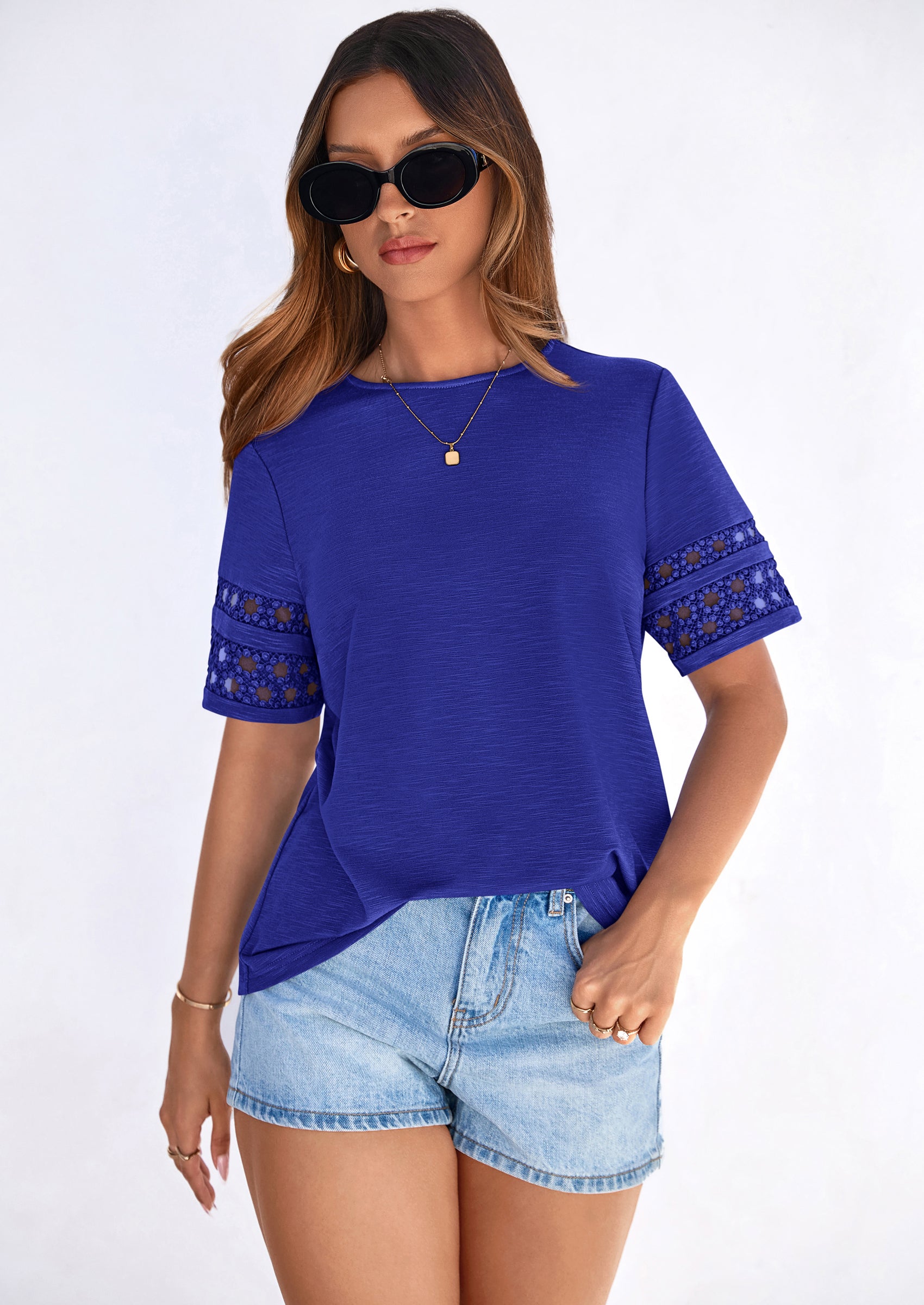 PRETTYGARDEN Summer Tops for Women Lace Short Sleeve T-Shirts Casual Blouses Spring Fashion Clothes Vacation Outfits PRETTYGARDEN