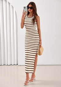 PRETTYGARDEN Sundresses for Women Summer Striped Knit Side Slit Spring Fashion Bodycon Maxi Dress Beach Vacation Clothes PRETTYGARDEN