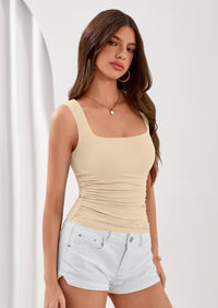 PRETTYGARDEN Tank Top for Women Summer Sleeveless Square Neck Double Lined Ruched Crop Tops Spring Going Out Y2k Clothes PRETTYGARDEN