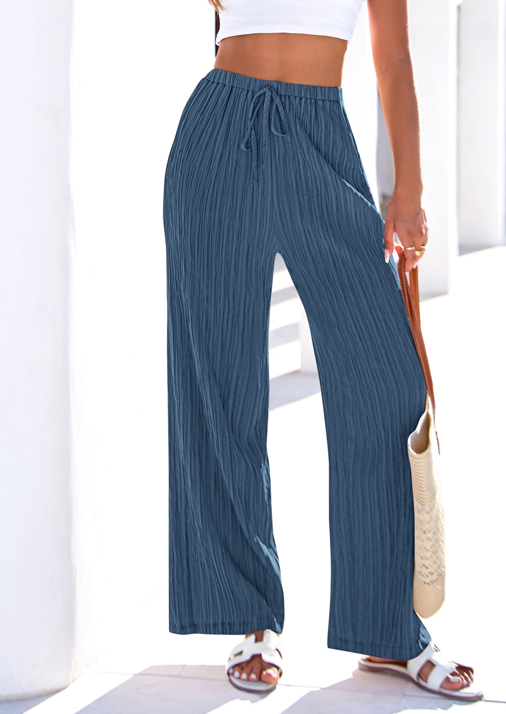 PRETTYGARDEN Womens Palazzo Pants Summer Fashion High Waisted Wide Leg Drawstring Flowy Beach Trousers with Pockets PRETTYGARDEN