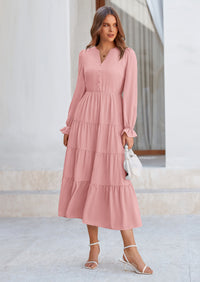 PRETTYGARDEN Women Fall Long Sleeve Smocked Maxi Dress Casual Square Neck Swiss Dot Tiered Ruffle Flowy Spring Pocket Dresses