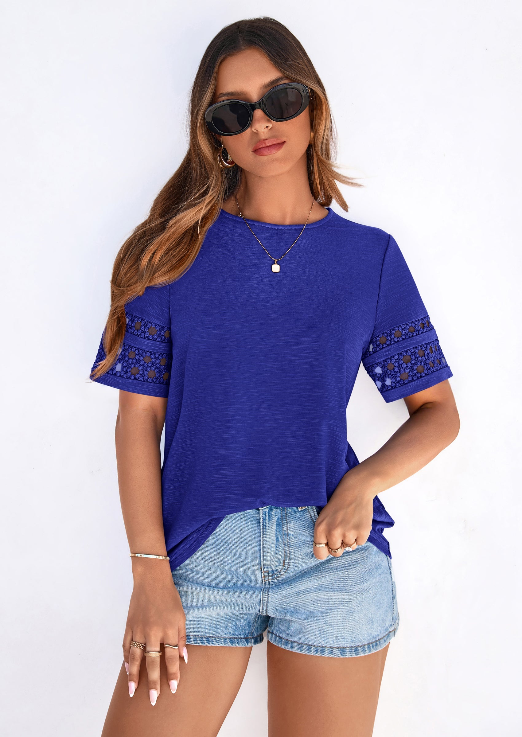 PRETTYGARDEN Summer Tops for Women Lace Short Sleeve T-Shirts Casual Blouses Spring Fashion Clothes Vacation Outfits PRETTYGARDEN