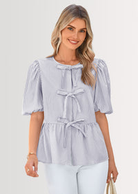 PRETTYGARDEN Women's Tie Front Striped Shirt Summer Trendy Fashion Cute Babydoll Tops Peplum Puffy Sleeve Blouse