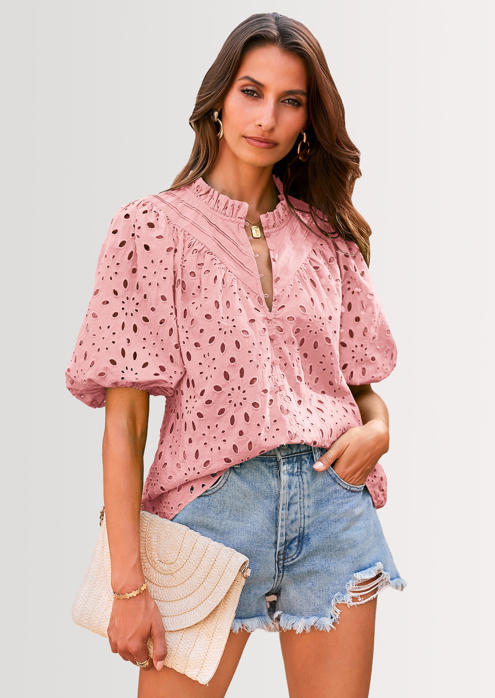 PRETTYGARDEN Women's Summer Short Sleeve Tops Dressy Casual Buttons V Neck Hollow Out Lace Embroidered Blouses Shirts