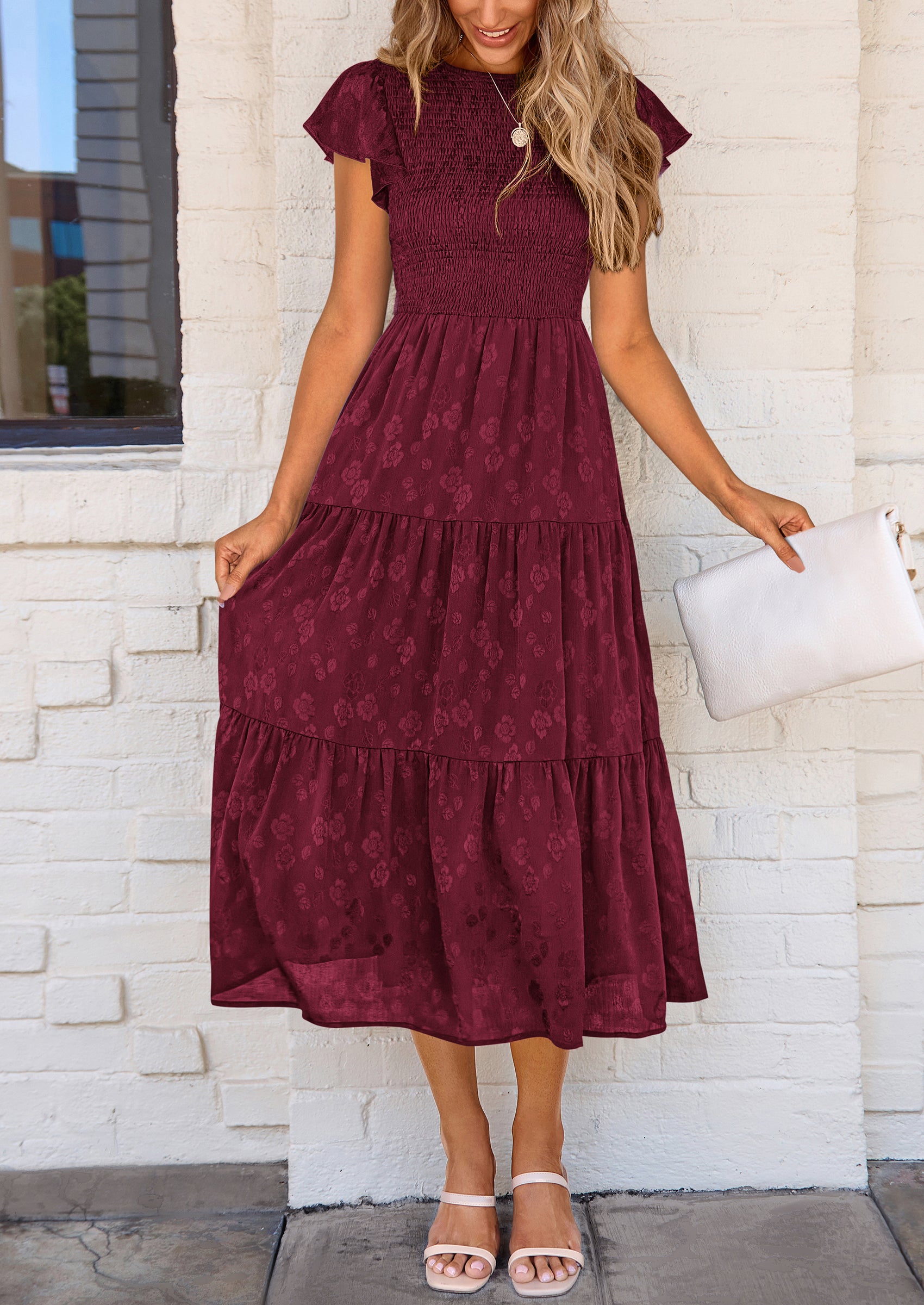 PRETTYGARDEN Midi Dress for Women Summer Floral Cap Sleeve Smocked Ruffle A Line Long Flowy Wedding Guest Dresses