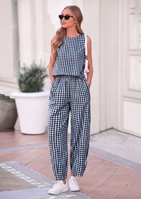 PRETTYGARDEN Womens 2 Piece Sets Summer Plaid Sleeveless Tops Wide Leg Pants Matching Lounge Set Beach Vacation Outfits