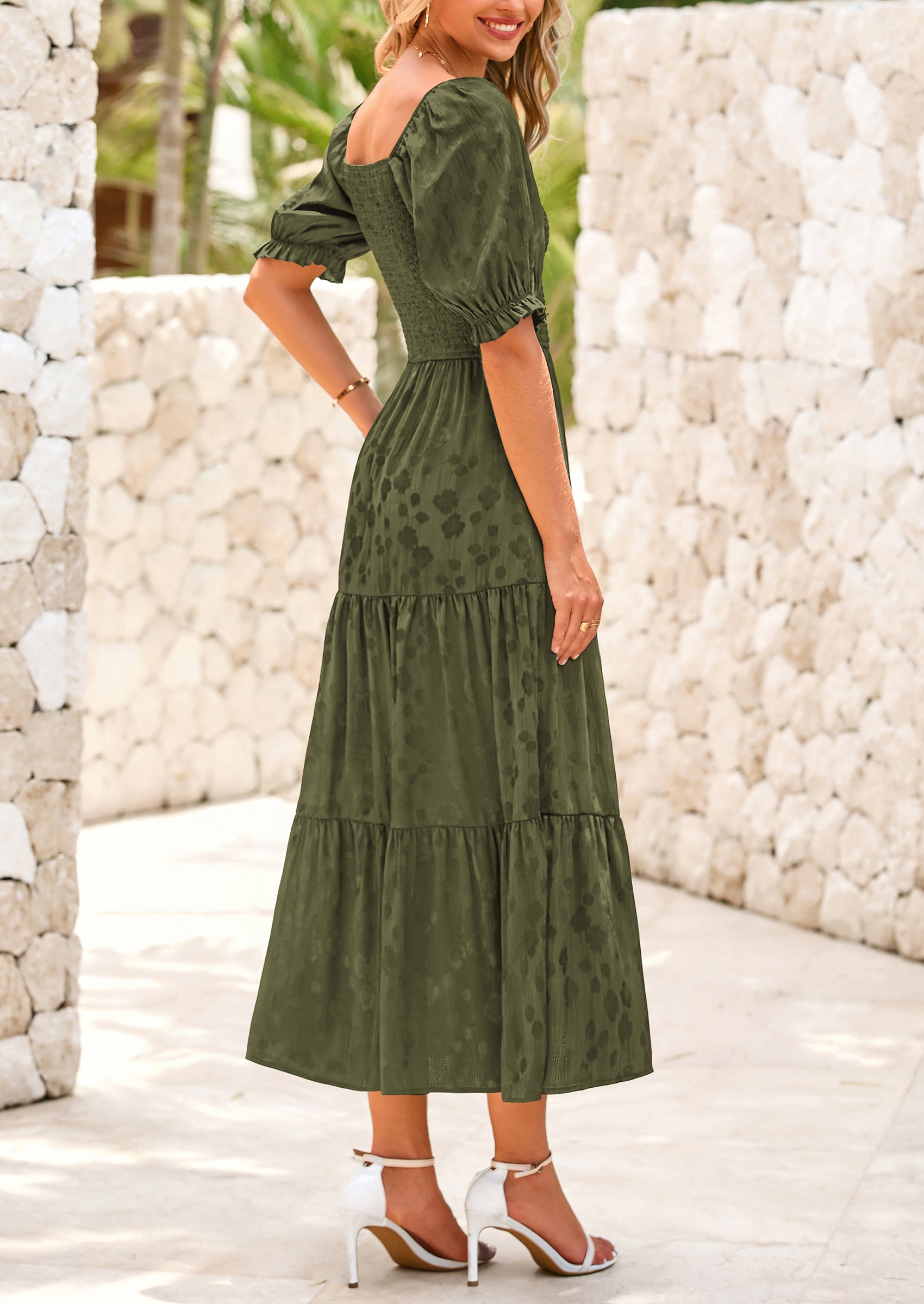 PRETTYGARDEN Women's Casual Midi Dresses Square Neck Short Sleeve Smocked A Line Floral Flowy Elegant Boho Dress