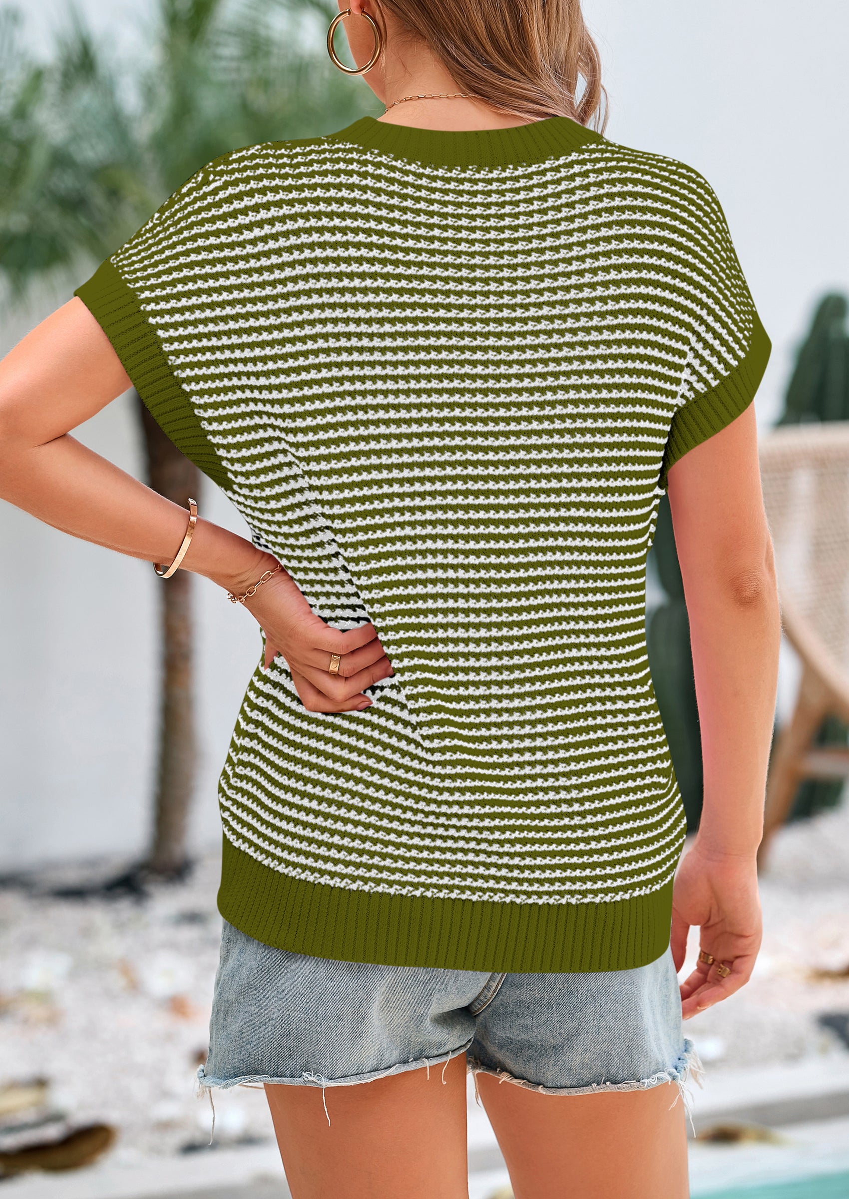 PRETTYGARDEN Womens Short Sleeve Sweater Spring Summer Round Neck Striped Pullover Cap Sleeve Knit Sweater Vest Tops