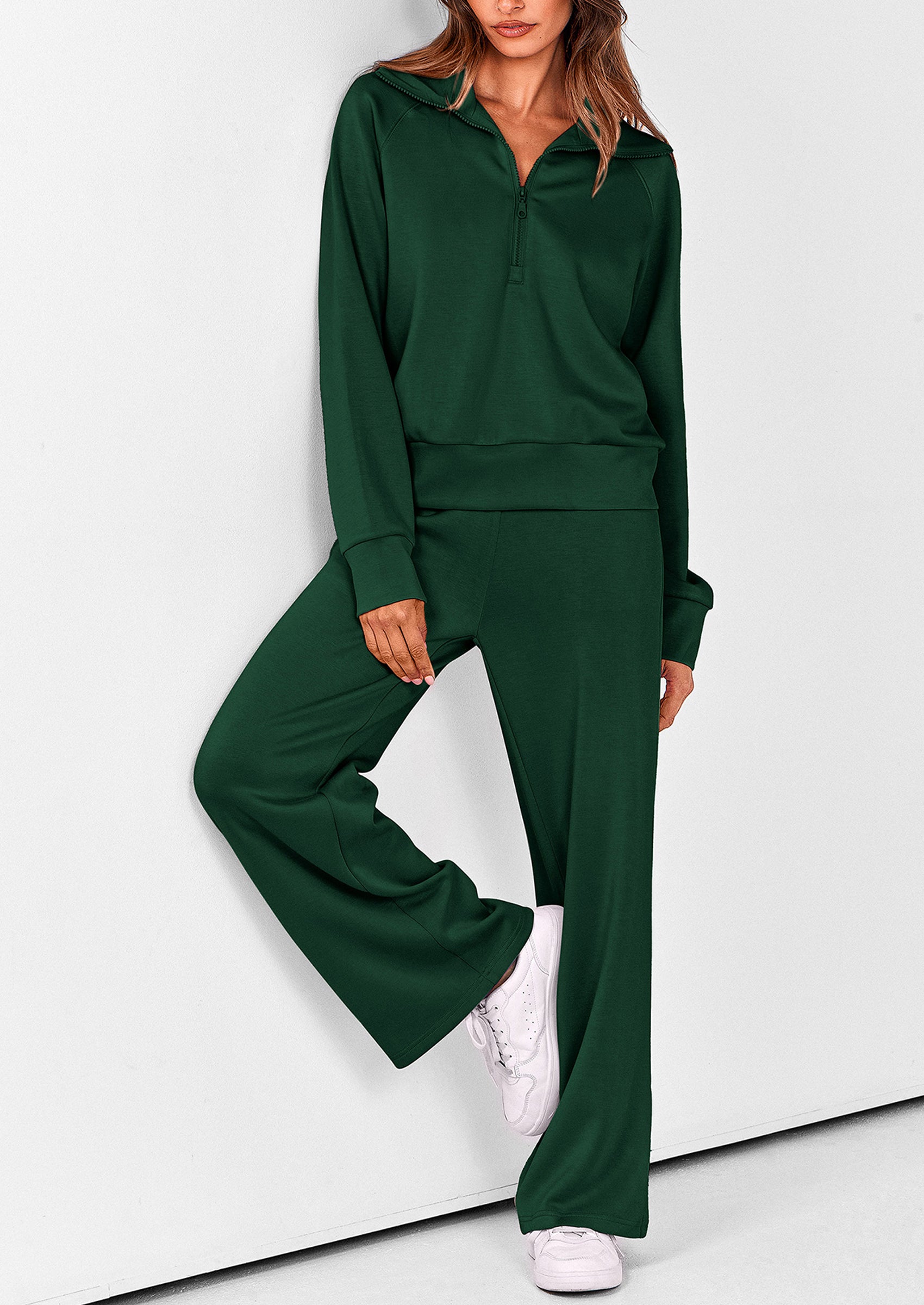 PRETTYGARDEN Women's 2 Piece Outfits Casual Lapel Half Zip Sweatshirts And Wide Leg Pants Tracksuit Sets