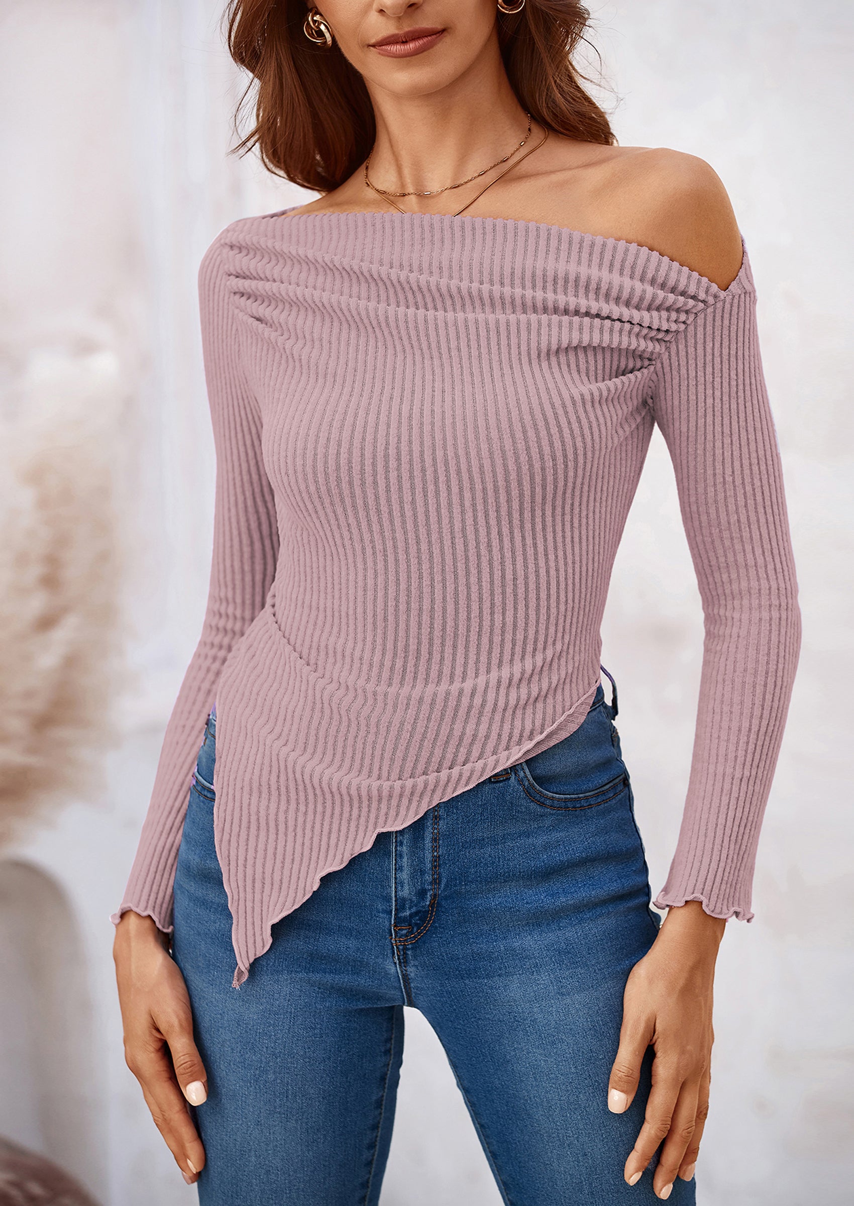 PRETTYGARDEN Women's Spring Long Sleeve Y2K Crop Top Trendy Off Shoulder Asymmetrical Fitted Knit Tee Shirts Going Out Tops