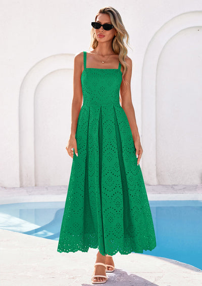 PRETTYGARDEN Womens Sleeveless Maxi Summer Dresses Hollow Out Eyelet Square Neck Ruffle Flowy Beach Vacation Sundress PRETTYGARDEN