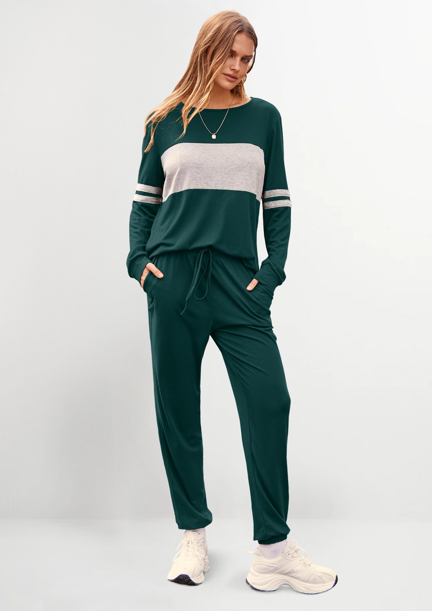 PRETTYGARDEN Women's Color Block 2 Piece Spring Tracksuit Crewneck Long Sleeve Tops Long Sweatpants Outfits Lounge Sets