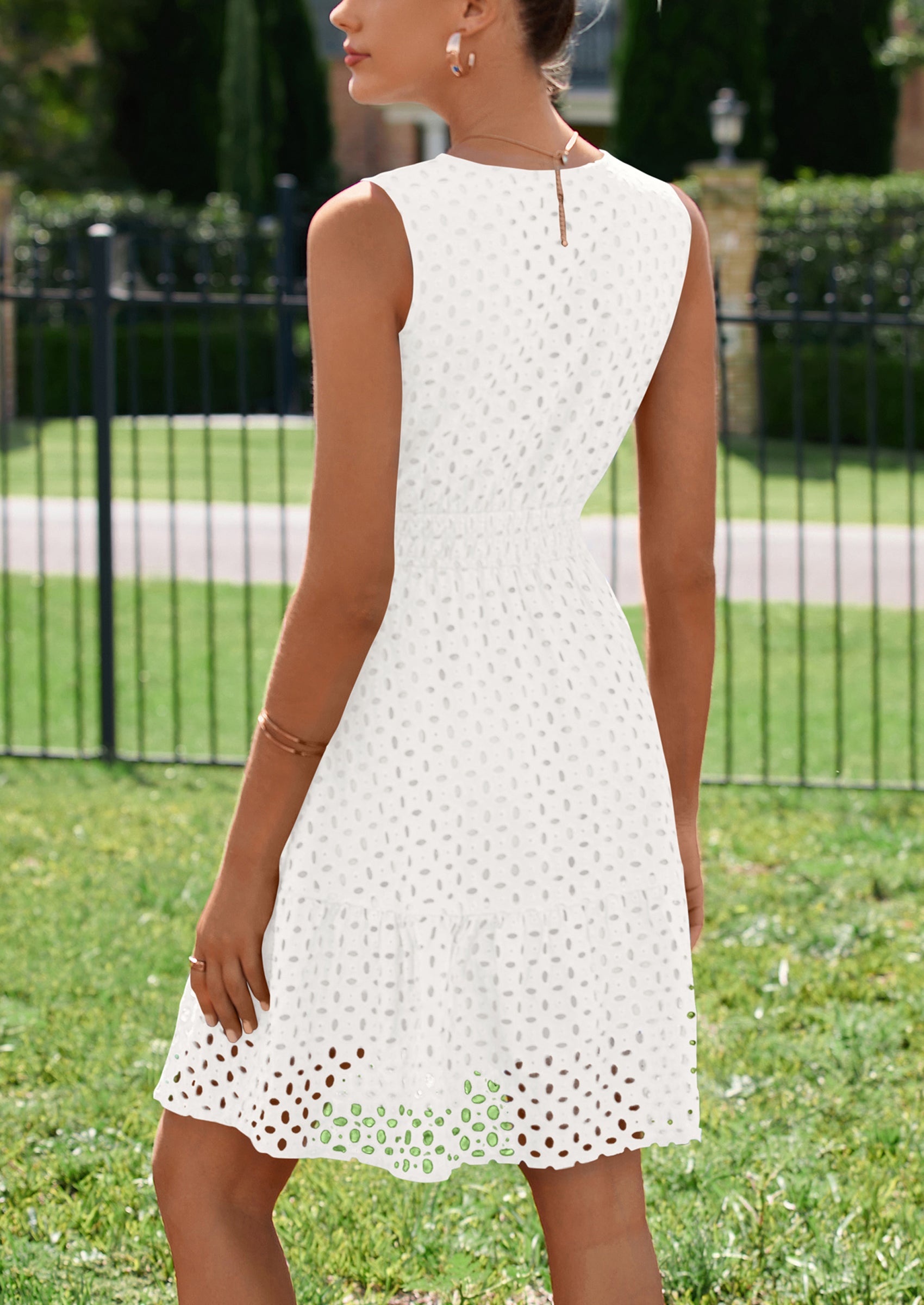 PRETTYGARDEN Women's Summer Dresses Sleeveless V Neck Eyelet Hollow Out Swing A Line Beach Vacation Sun Dress