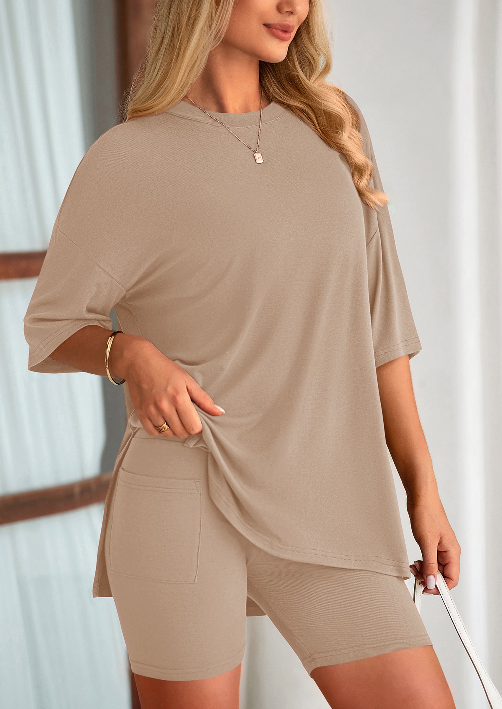 PRETTYGARDEN Women's Two Piece Lounge Set Summer Casual Oversized Shirts Biker Shorts Matching Airport Travel Outfit