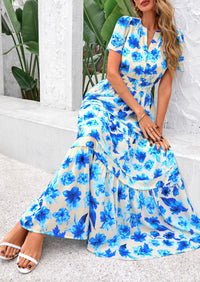 Summer Boho Floral Short Sleeve V Neck A Line Tiered Ruffle Flowy Long Beach Vacation Maxi Dresses