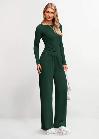 PRETTYGARDEN Women's 2 Piece Lounge Sets Asymmetrical Long Sleeve T Shirt Wide Leg Pants Casual Outfits Tracksuit