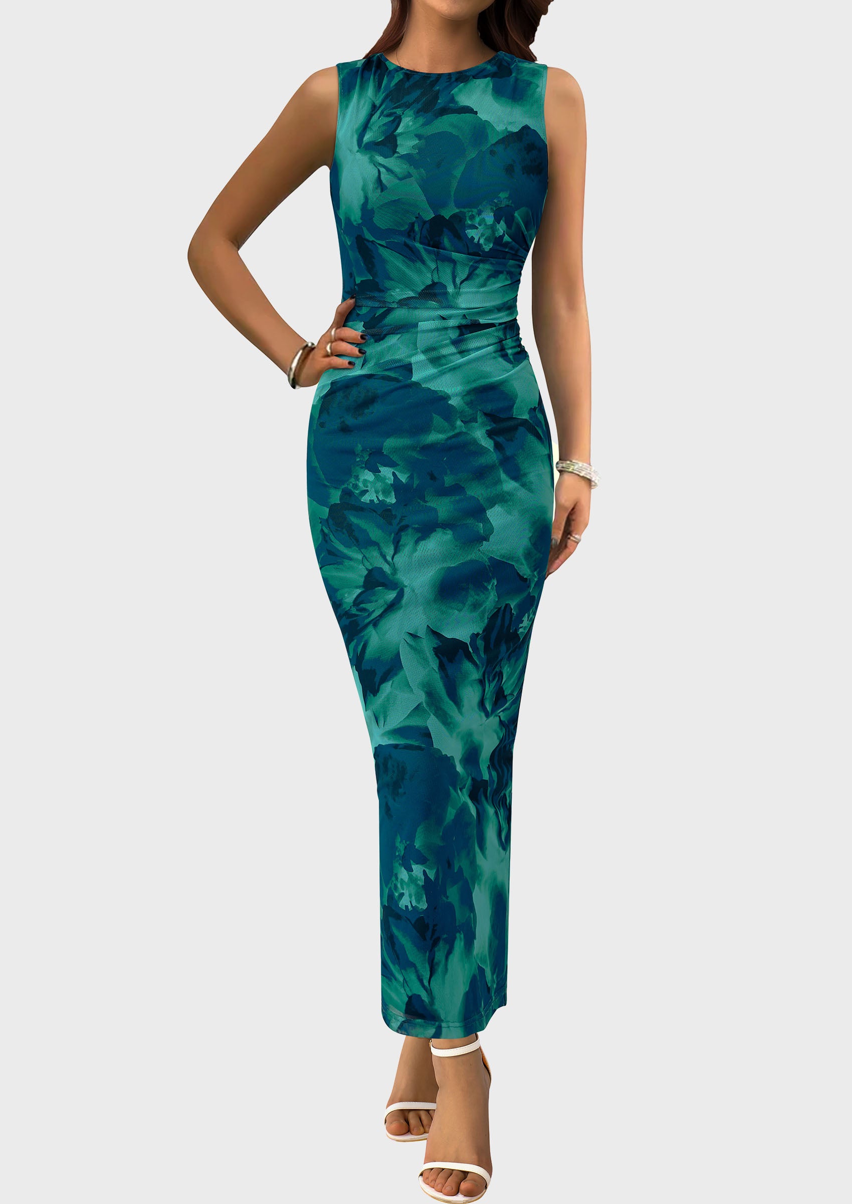 PRETTYGARDEN Wedding Guest Dresses for Women Spring Floral Bodycon Sleeveless Mesh Maxi Long Dress