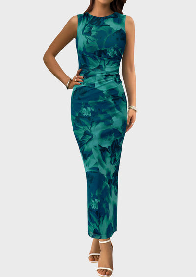 PRETTYGARDEN Wedding Guest Dresses for Women Spring Floral Bodycon Sleeveless Mesh Maxi Long Dress