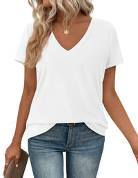 PRETTYGARDEN Women's V Neck T Shirts Summer Short Sleeve Spring Going Out Tops Casual Loose Fit Basic Tees Beach Clothes PRETTYGARDEN