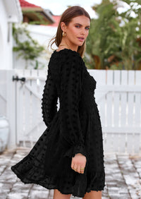 BTFBM Spring Dresses for Women 2026 Long Sleeve Casual V Neck Swiss Dot Smocked Ruffle Chiffon Flowy Mini Summer Dress PRETTYGARDEN