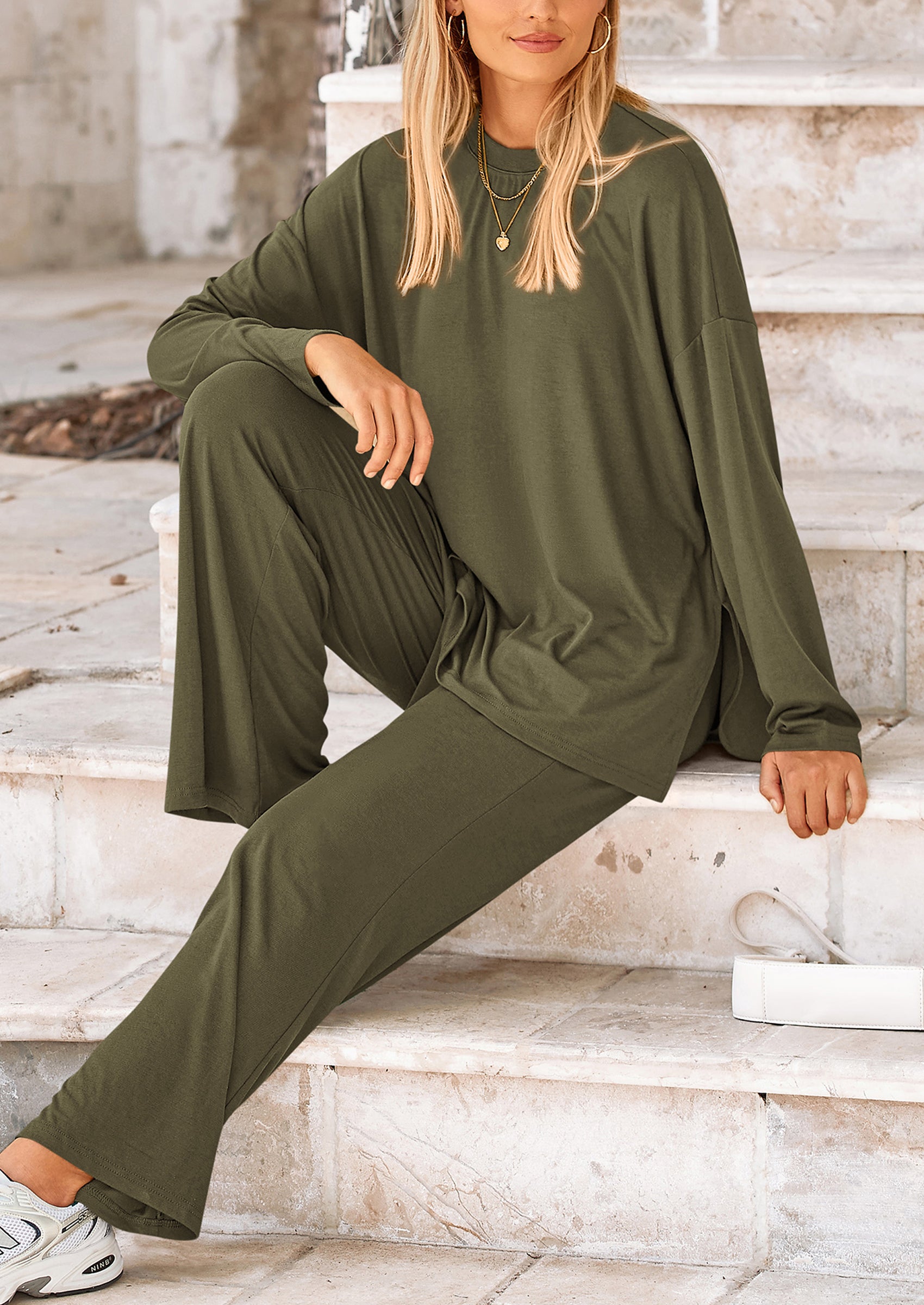 PRETTYGARDEN Women's Two Piece Lounge Sets Matching Long Sleeve Shirts Wide Leg Pants Tracksuits Travel Outfits Fall Clothes