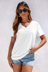 PRETTYGARDEN Women's V Neck T Shirts Summer Short Sleeve Spring Going Out Tops Casual Loose Fit Basic Tees Beach Clothes PRETTYGARDEN