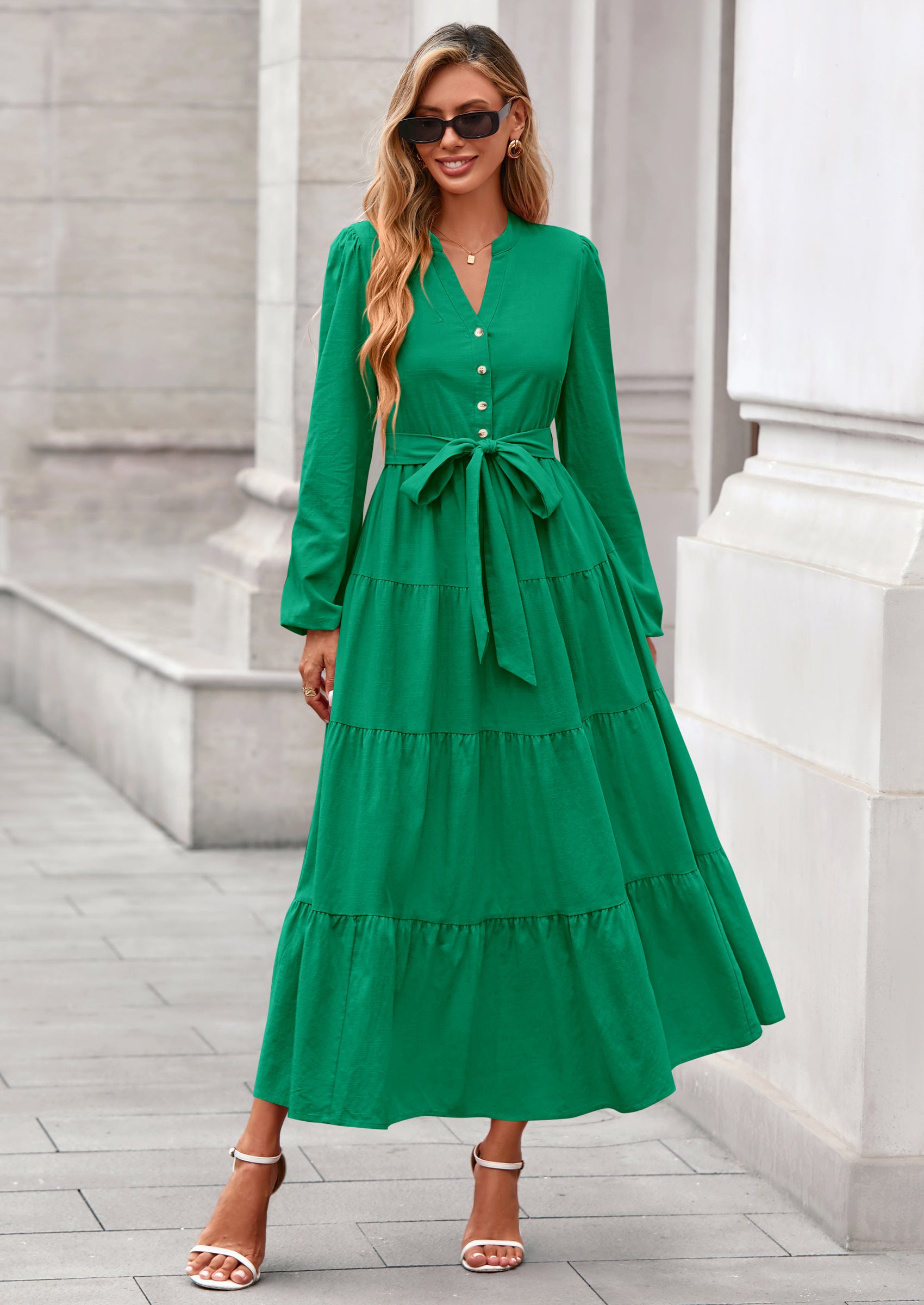 PRETTYGARDEN Fall Dresses for Women Long Sleeve V Neck Belted Ruffle A Line Flowy Boho Maxi Wedding Guest Dress Pockets