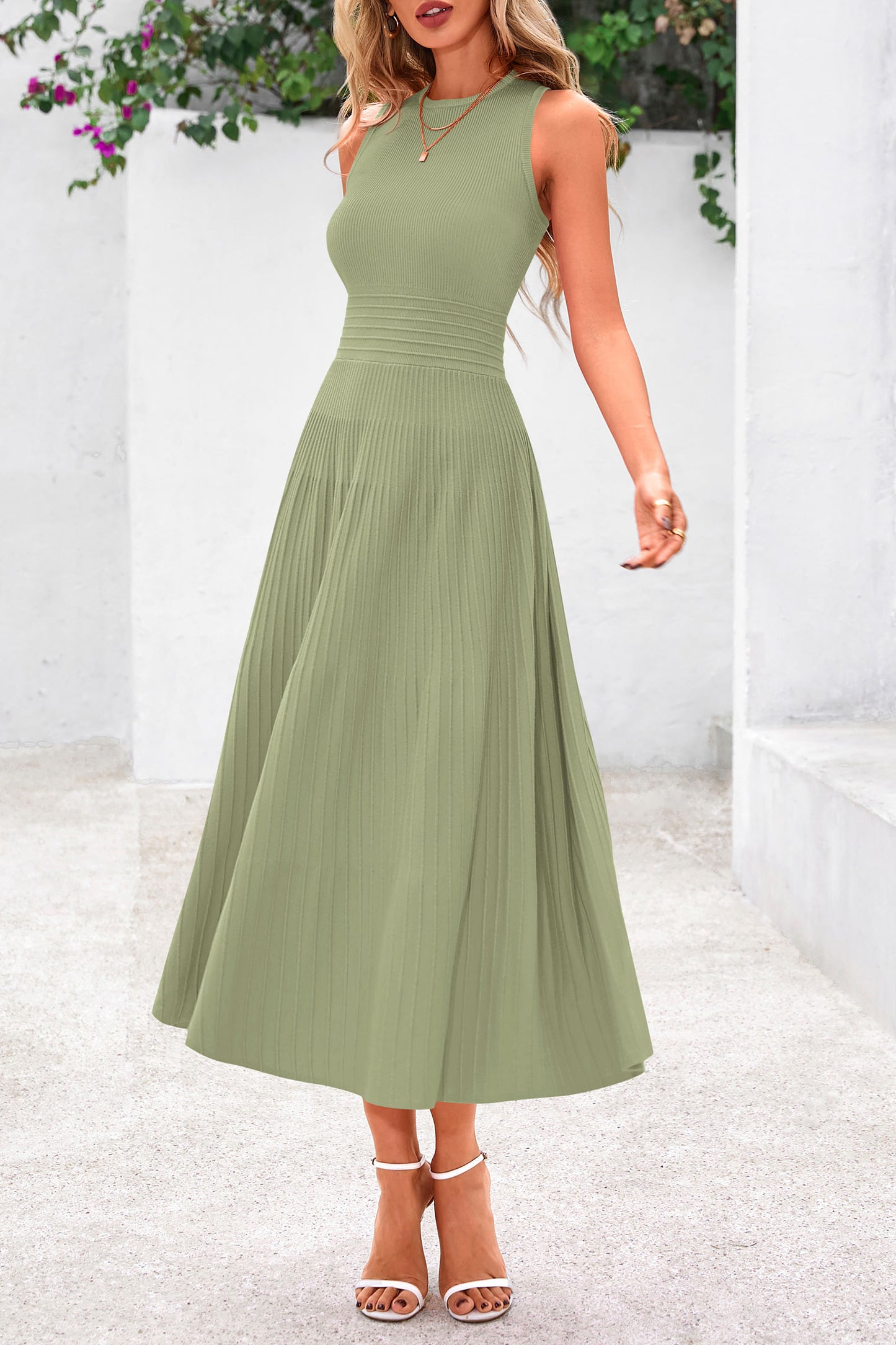 Women's Summer Midi Dresses 2025 Sleeveless Crewneck Knit A Line Pleated Swing Wedding Guest Casual Tank Dress