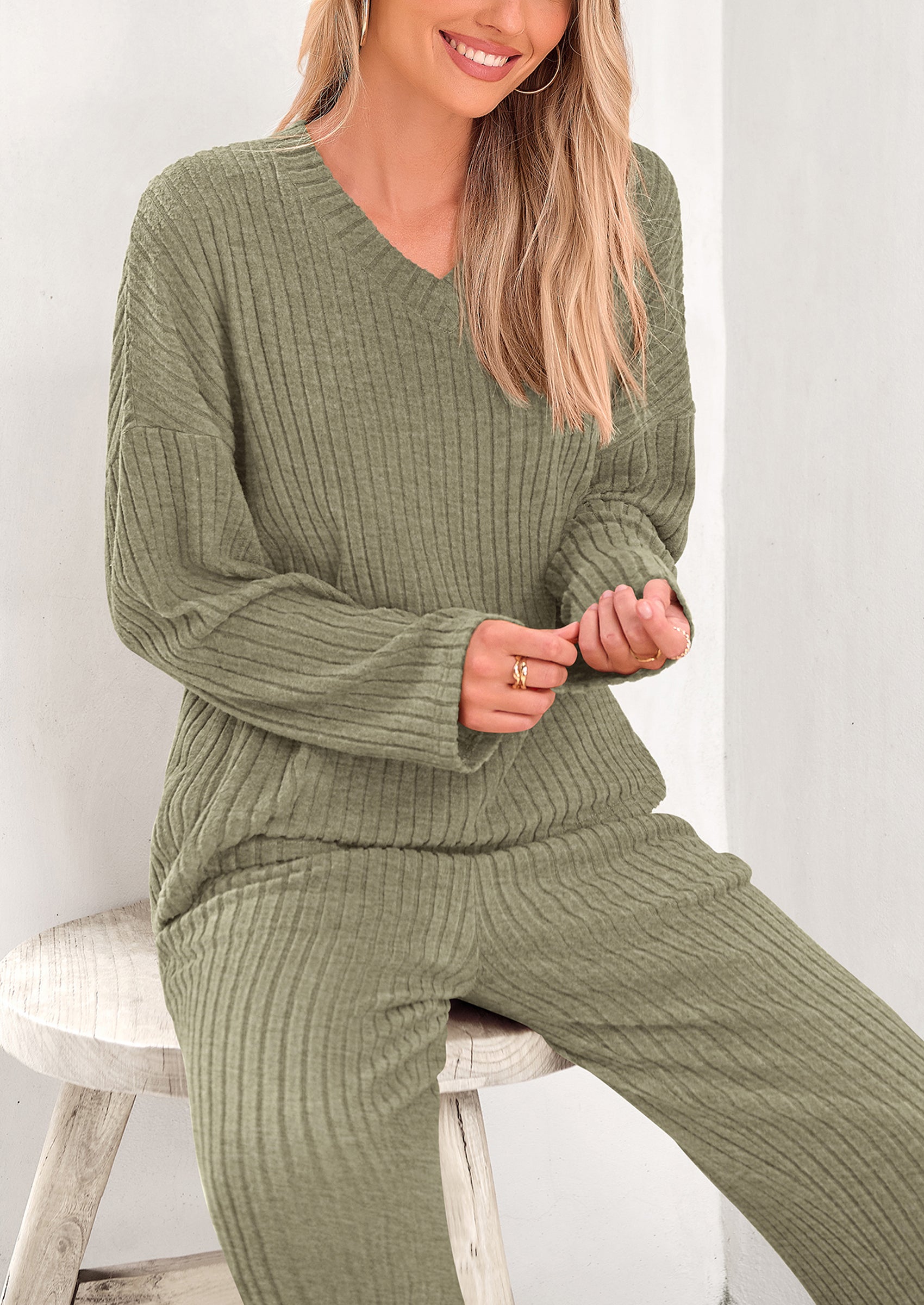 PRETTYGARDEN Women's 2 Piece Lounge Sets Ribbed Knit Long Sleeve V Neck Pullover Tops Wide Leg Pants Spring Fall Outfits