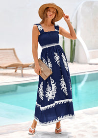 PRETTYGARDEN Womens Summer Boho Maxi Dress Casual Sleeveless Square Neck Floral Aline Smocked Beach Dresses with Pockets